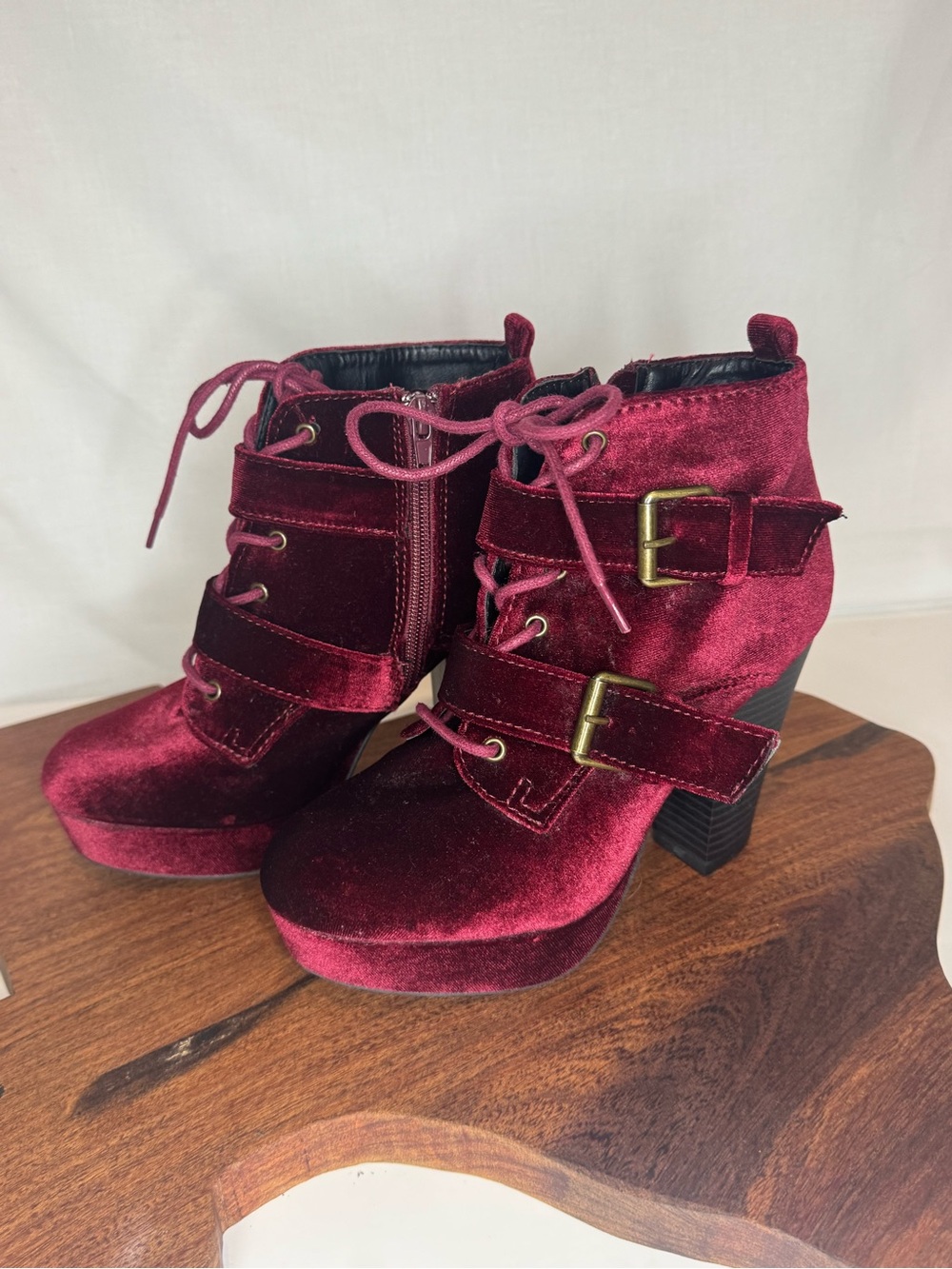 Report Burgundy Velvet Lace-Up & Buckle Ankle Boots